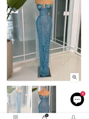 Ice Blue Beaded Fringe Strapless Gown